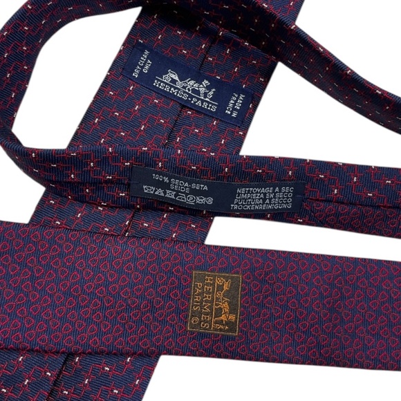 HERMÈS 339357T Blue/Burgundy Geometric Silk LUXURY Slim Tie FRANCE - Picture 5 of 6